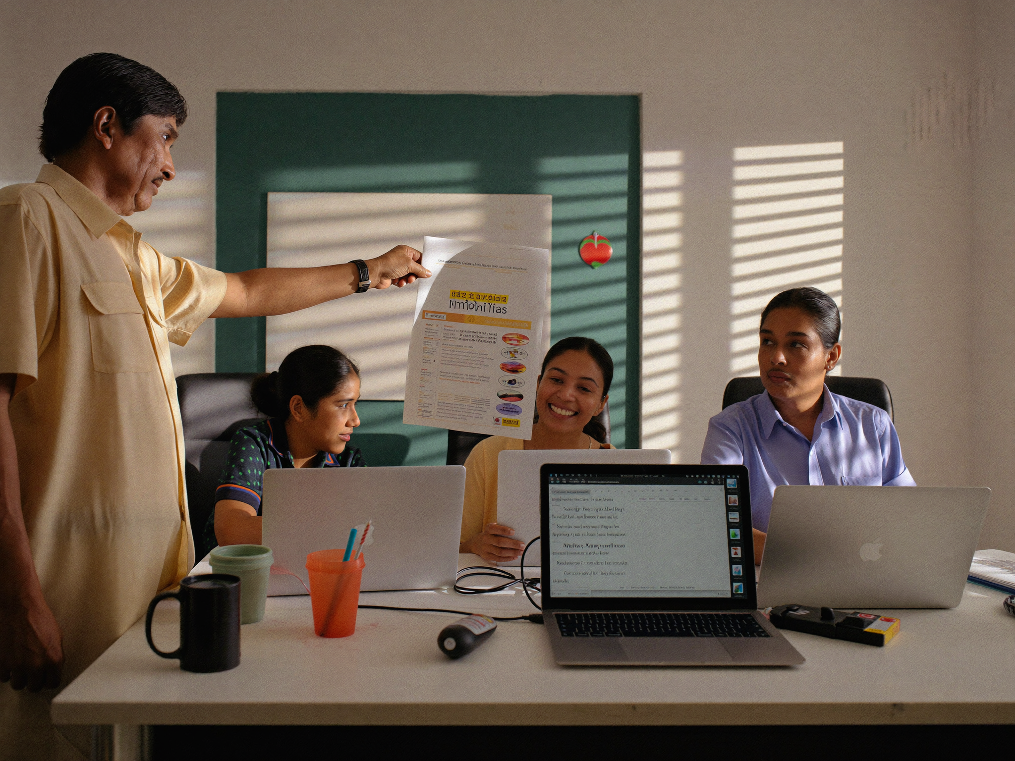 The NewsMV newsroom team gathered around an editor's desk in Malé, reviewing a printed front page